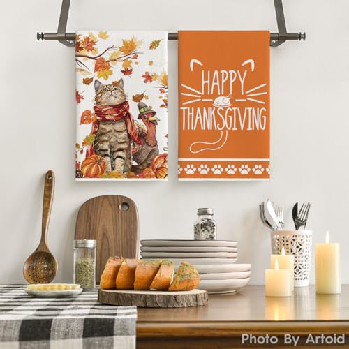 Artoid Mode DISHTOWEL-THANKSGIVING-4075-2PC-013 Cat Happy Thanksgiving Kitchen Towels Dish Towels thumb #1