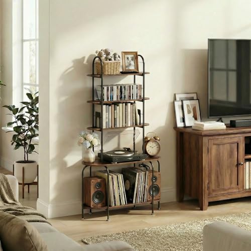 Image of Faesun Record Player Stand with Storage, 5-Tier Turntable Stand with Charging Station, CD Storage with Adjustable Book Stoppers, for CDs, Vinyl Records, Books, Games, for Living Room, Bedroom, Walnut