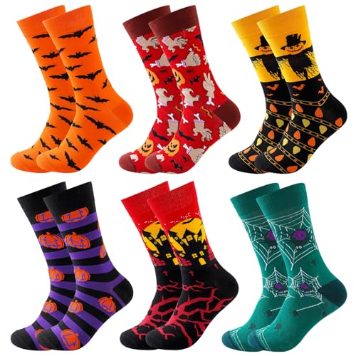 BISOUSOX 6 Paare Halloween Socken Herren Geschenk für Männer Baumwolle Lustige Socken Bunte Socken Damen Herrensocken Kürbis Fledermaus & Spinnen Halloween Geschenke 39-46
