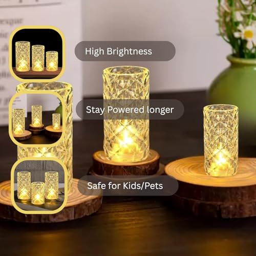 Image of VERVENIX 3 Pcs Set Diamond Flameless and Smokeless Decorative LED Tea Light Candles, Transparent Acrylic Lights for Festive Diwali Decoration (Combo Set: 9 cm, 7 cm, 5 cm, Warm White)