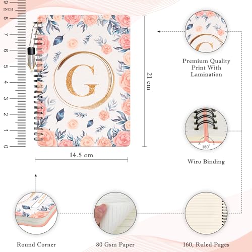 Image of Jhingalala Diaries - A5 Hardbound Floral Design Diary Cover With Initial Letter Wiro Notebook Diary With Dangler I Spiral Notebook With Planner and Calendar 2024 I 160 Undated Ruled Pages (Initial G)