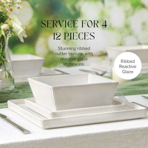 Image of Stone Lain Grace Stoneware 12-Piece Modern Square Dinnerware Set, Ribbed Plates and Bowls Set, White
