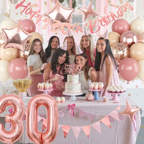 Image of Jobkoo 30th Birthday Decorations for Women, Retro Pink Beige Number 30 Balloon Set Happy 30th Birthday Banner Cake Topper Dusty Pink Nude Rosegold Star Balloons for Her 30 Year Old Bday Party Decor