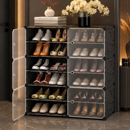 Image of AYSIS Premium Foldable Plastic Shoe Rack for Home, ๐ ๐๐จ๐จ๐ซ ๐๐ ๐๐ก๐๐ฅ๐ Shoe Cabinet, Dustproof & Waterproof Organizer, Portable Space Saving Storage for Entryway, Bedroom & Living Room, Black
