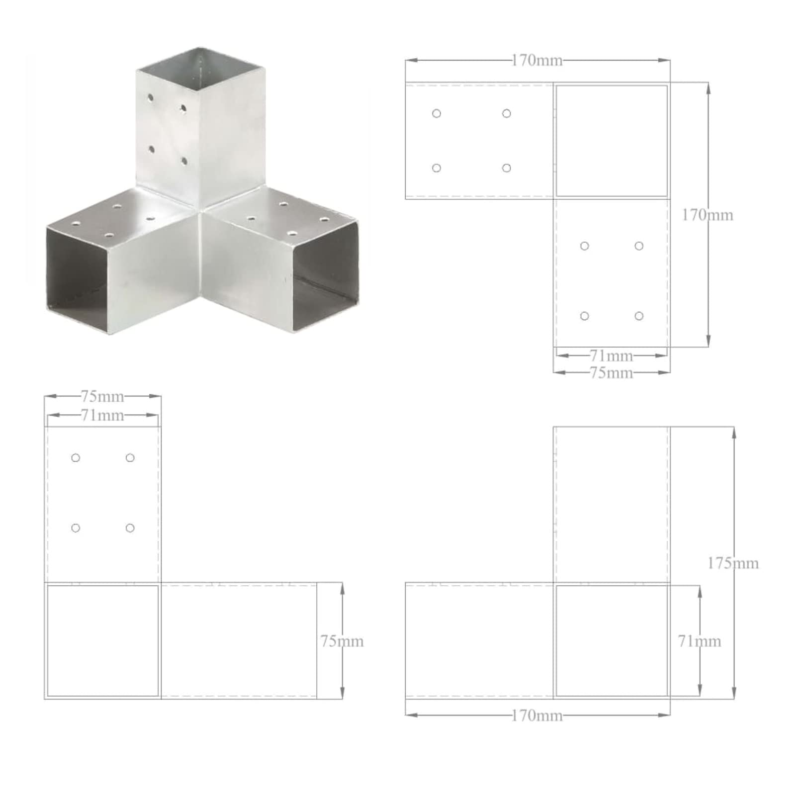Conectores de Postes en Y 4 uds, Anclajes, Postes, Connex, Metal galvanizado 71x71 mm