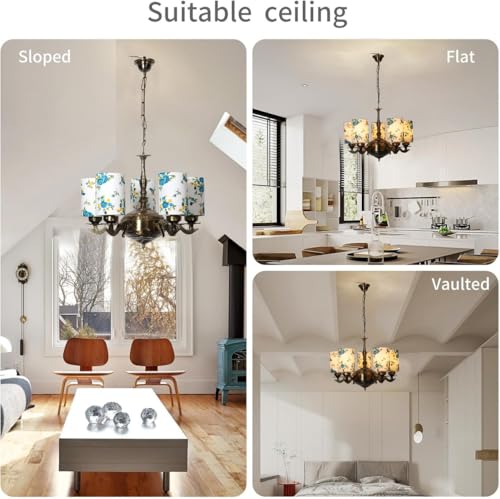 Image of Devansh 05 Lights Printed Round Cotton Shade with Antique Golden Chandelier -E