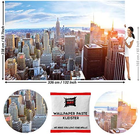 GREAT ART Photo Wallpaper New York Skyline Decoration 132.3x93.7in / 336x238cm – Penthouse View Panorama Dawn Big Apple America USA Skyscrapers Mural – 8 Pieces Includes Paste