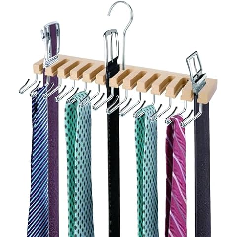 Belt Organizer for Closet, Wooden 2-in-1 Belt Hanger Tie Rack, Wall Mount Belt Holder Tie Hanger Organizer Max 12 Belt & 13 Tie Storage with 360° Swivel Hook Cover