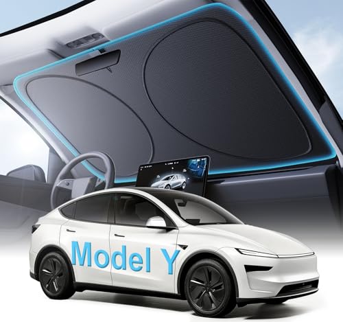 Adefor 2026 Custom Fit Windshield Sunshade for Tesla Model Y Superior UV & Heat Block Cooling Fabric Durable Foldable with Bag Fits 2020-2026 Juniper