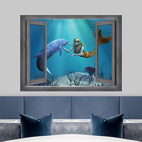 Wall26 - Open Window Creative Wall Decor - Beautiful Drawing Of A Mermaid And Dolphin Interaction - Wall Mural, Removable Sticker, Home Decor - 36X48 Inches #TOP1