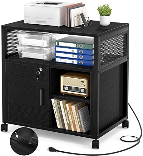 Unikito Lateral File Cabinet, Locking Office Filing Cabinets with Socket and USB Charging Port, Modern Rolling Printer Stand with Storage for A4, Letter Size and File Folders, Black