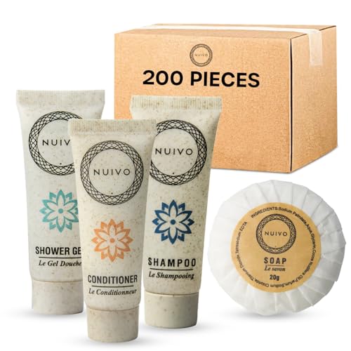 NUIVO - Pack de 200 Produits d’Accueil : Gels Douche, Shampoings, Après-Shampoings, Savons 20g - Tubes de 30ml Écoresponsables -...