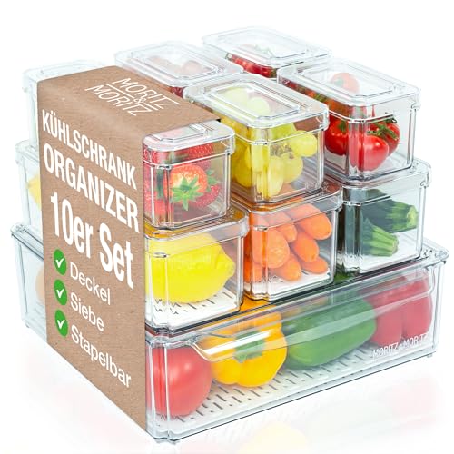 Moritz & Moritz 10er Pack Kühlschrank Organizer Set mit Deckel - Kühlschrank Boxen Stapelbar - Kühlschrankboxen Transparent - Robust - Aufbewahrungsboxen für Küche Vorratsschrank Schublade
