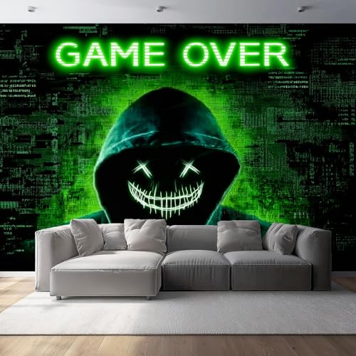 Papel pintado de pared Patrones De Personajes Del Juego, Estilo De Dibujos Animados Decoración panorámica del hogar: para la sala de estar y el dormitorio infantil 200 x 140 cm, Negro Verde