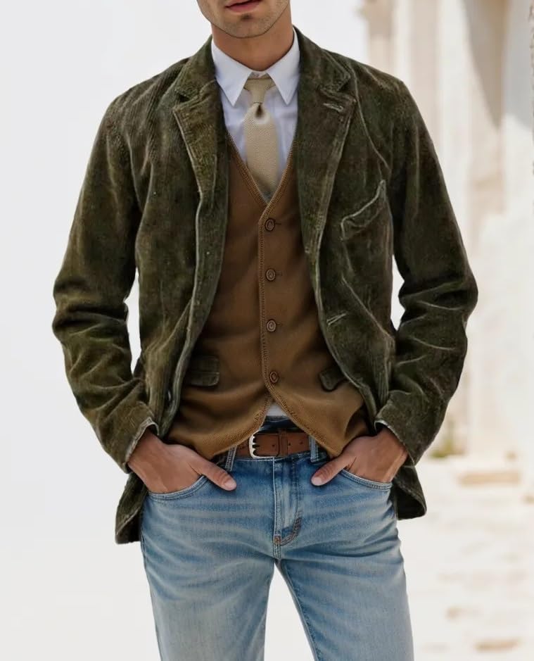 Men's Vintage Corduroy Jacket Casual Notched Lapel Business Dinner Suit Blazer Jacket Sport Coat2