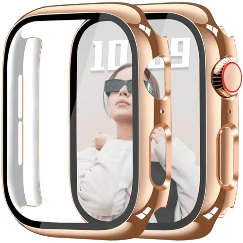 JR.DM 40mm 2 Pack Hard PC Case with HD Tempered Glass Screen Protector for Apple Watch Series 6/5/4/SE/SE2/SE3, Guard Bumper Full Protective Anti-Scratch Face Cover for iWatch, Glossy Rose Gold+Clear