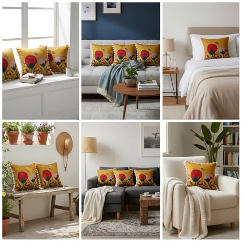 Image of STITCHNEST 'Little Meadow Series' Tassled Cushion Cover | Set of 2 | Floral Cushion Cover 16 inch x 16 inch