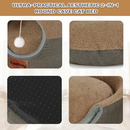 Cat Bed Cave for Indoor Cats, 2-in-1 Foldable Cat Cave & Lounge Bed with Reversible Cushion, Calming Anti-Anxiety Enclosed House for Small Dogs & Puppies, Donut Cozy Hideaway, 17.5 Inches (Brown) - Image 7