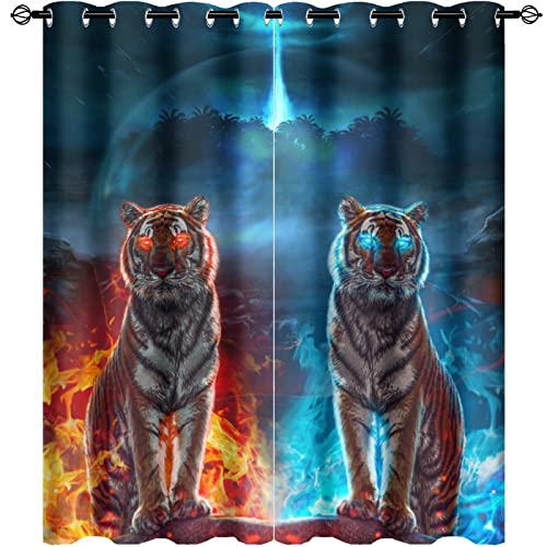Kazynee Cool King of The Forest Anime Tiger Ultra Soft Premier Blackout Curtains,Abstract Fantasy Animal Fire Ice TigerThermal Insulated Bedroom Noise Reducing Patio Door Grommet Top,55x63in
