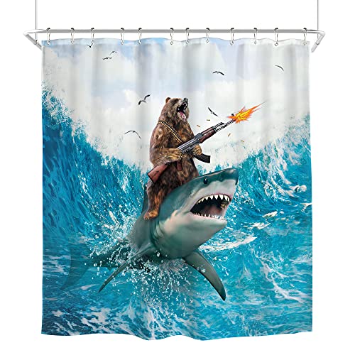 Image of Funny Bear Riding Shark Shower Curtain Humor Surfing 72Wx72H Inch Decor
