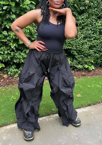 Women Casual Baggy Cargo Pants Trendy High Waisted Ruffle Patchwork Long Trousers with Drawstring3