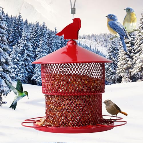 Metal Bird Feeders for Outdoor Hanging,Large Cardinal Bird Feeders Squirrel Proof Mesh Tube Wild Bird Feeder with 4lbs Capacity for Finch Chickadee Blue Jay(Red)