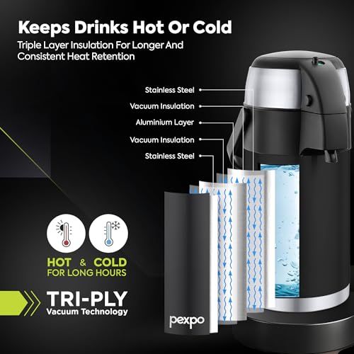 Image of Go24 pexpo AquaPort Stainless Steel Vacuum Insulated Beverage Dispenser with Pump - 2.5 LTR | Hot & Cold | Double Wall | Sturdy Handle to Carry | Coffee /Tea Carafe - Knight Black