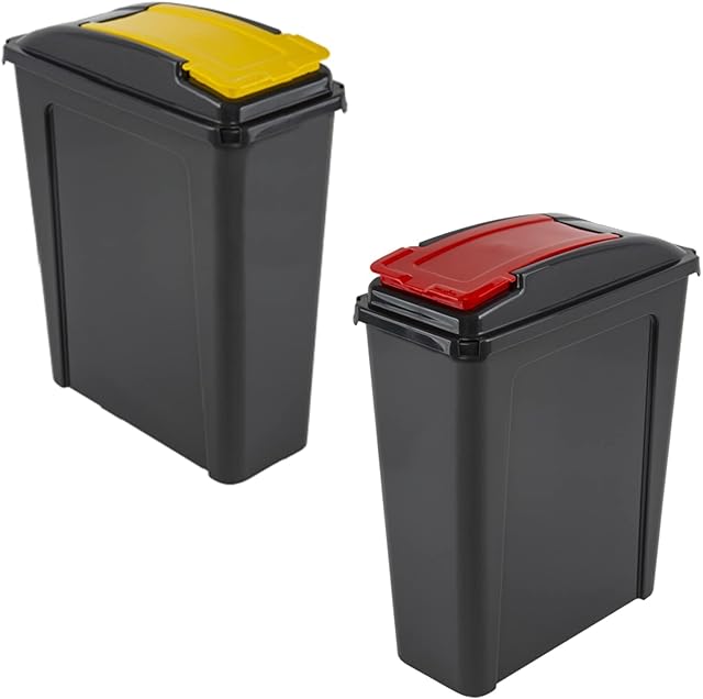 Set of 2-25L Litre Plastic Indoor Recycle Slimline Waste Bin with Lid for in the Home/Kitchen- Made in UK (Red And Yellow)