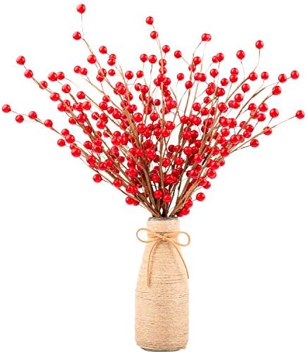 Whaline Christmas Red Berry Twig Stem, 12 Pack Artificial Burgundy Berry Picks for Christmas Tree Decorations, Valentines, Crafts, Wedding, Holiday Home Decor