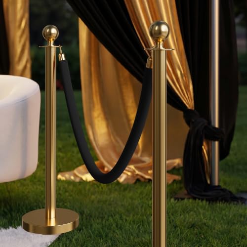 Image of 4PCS Black Velvet Stanchion Ropes 5 Ft Crowd Control Ropes Barrier with Gold Hooks for Party Supplies,Photobooth Accessories, Prom,Birthday,Business,Wedding, Museums