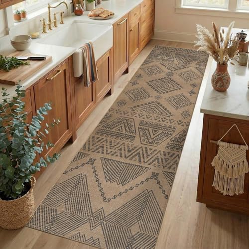 jinchan 3x10 Washable Faux Jute Runner Rug, Boho Southwestern Geometric Long Runner Rug with Natural Fiber Look, Low-Pile Non-Slip Floor Mat for Hallway Kitchen Living Room Entryway, Natural Charcoal