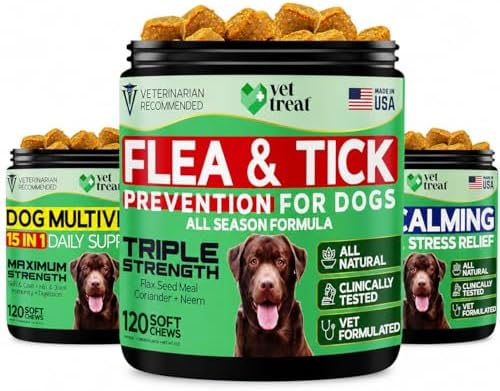 VET TREAT 3-in-1 Dog Wellness Bundle – Multivitamin with Glucosamine & Salmon Oil + Flea & Tick Prevention Chews + Hemp Calming Treats for Anxiety, Immune, Joint & Skin Support – 120 Chews Each image 5