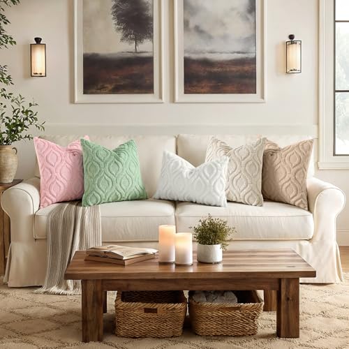 Image of decorUhome Fall Throw Pillow Covers 26x26 Inch Set of 2, Soft Plush Faux Wool Beige Solid Couch Pillow Covers, Accent Euro Sham Farmhouse Neutral Square Pillow Cases for Sofa Bed Living Room