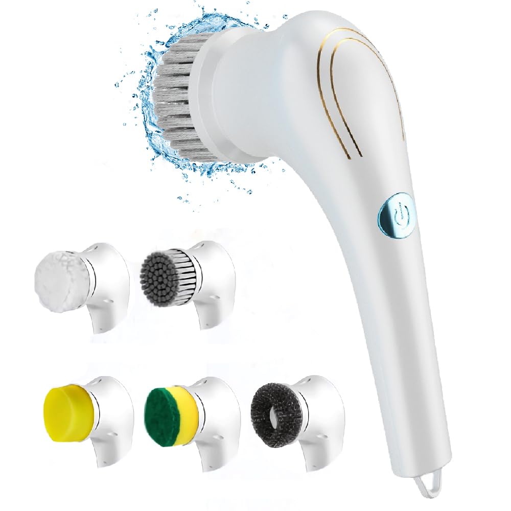 OBEST Electric Spin Scrubber, Cordless Rechargeable Handheld Cleaning Brush with 5 Replaceable Brush Heads, Power Scrubber Mop for Kitchen Bathtub Window Sink Shoes