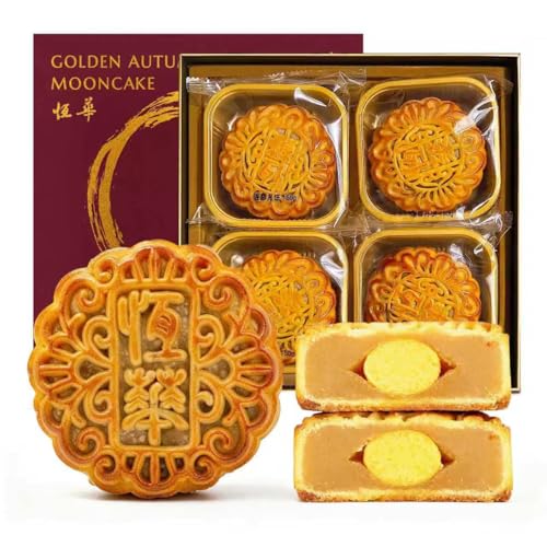 HENG HUA 恒華 Lotus Seed Paste Mooncakes, 4pcs Mid Autumn Moon Cake, Chinese Dim Sum, Cake Chinese Traditional Dessert 2025 Mid-Autumn Festival Asian Pastry Mooncake (600g/21oz)