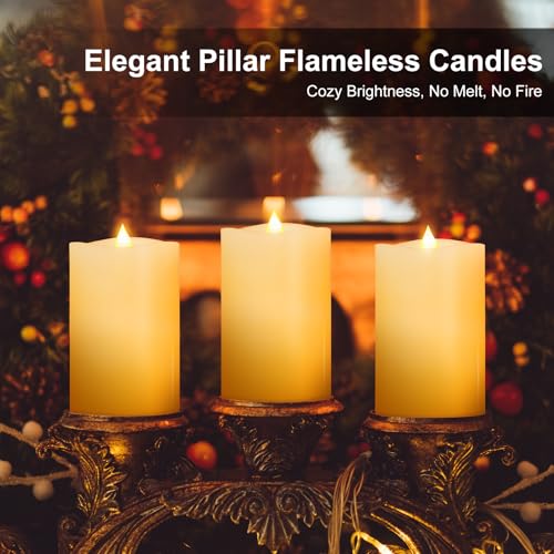 Image of 3PCS, 3 x 5 inches Flameless Candle with Remote Control, 3D Flickering Wick, Real Wax, Battery Candles,with Timer,Battery Powered Candles,for Holiday Home Decor,Ivory