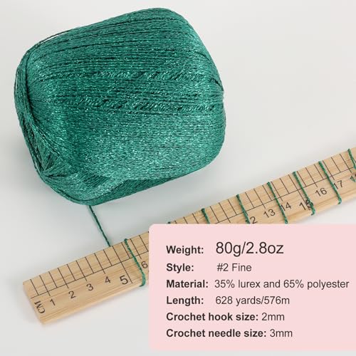 Image of 2PCS Metallic Crochet Thread Yarn for Crocheting,Lurex Thread Round Band Yarn with Sparkle Shine for Clothes, Car Charm, Keychain Charm(Green)