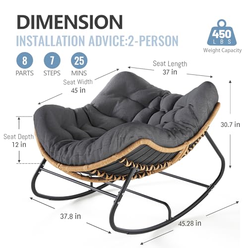 SWITTE Outdoor Rocking Chair, Oversized Patio Papasan Rocker, Comfy Wicker Reading Lounge, Indoor Egg Chair for Bedroom, Living Room, Porch, Garden, Lawn-Dark Grey