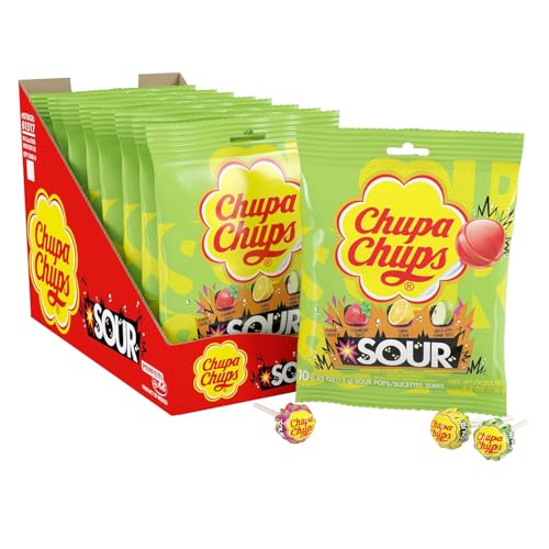 Chupa Chups SOUR Lollipops, Variety Pack, Lemon, Strawbery & Apple Flavored, Individually Wrapped Bulk Sour Candy Suckers for Adults & Kids, 4.2 oz Peg Bag (Pack of 8)