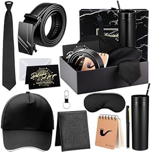 12 Pcs Birthdays Gift Baskets for Men Box 16 oz Tumbler Wallet Eye Mask Leather Belt Tie Keychain Pen Journal Hat Card Set for Dad Husband Brother Boss(Business Gift Box)