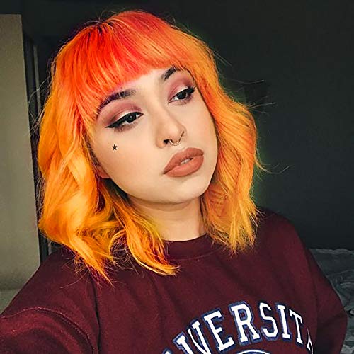 AISI HAIR Short Bob Wavy Wigs With Bangs Orange Curly Wigs For Women Cosplay Synthetic Halloween Wigs For Girl (R2D/24C)