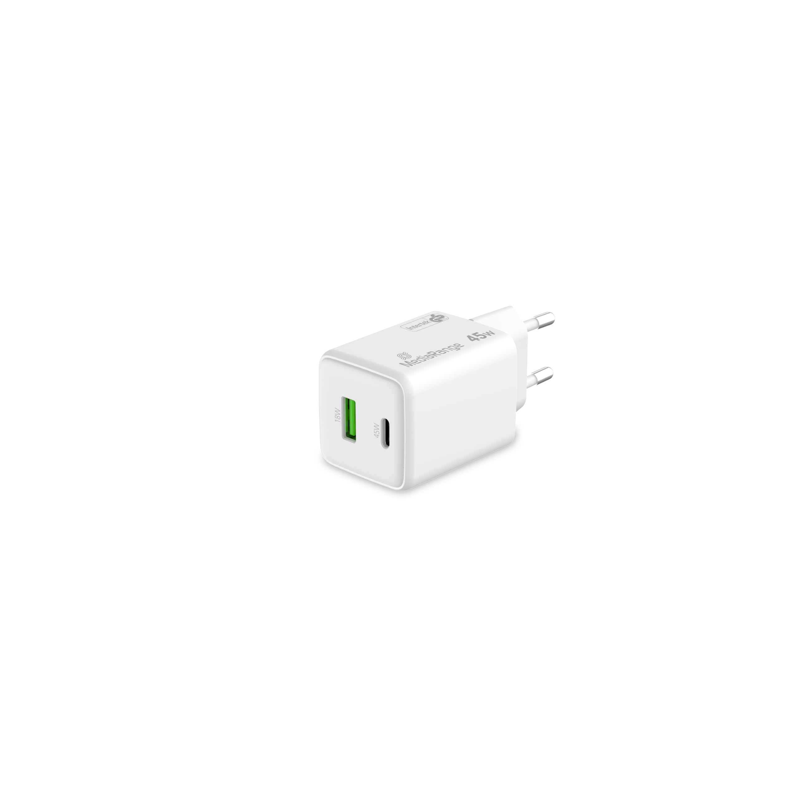 MediaRange GaN Adapter do Szybkiego Ładowania 45W (Wtyczka UE) z USB-C i USB-A, Power Delivery i Quick Charge™, Biały