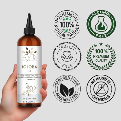 Image of AVD ORGANICS Jojoba Oil for Skin | 100% Pure (6.7 fl oz) Cold Pressed Unrefined Hexane Free | Moisturizing for Face, Hair, Skin & Nails | 200ML