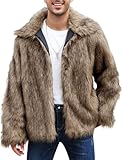 Kissonic Mens Faux Fur Coat Winter Warm Fur Jacket for Men Lapel Fluffy Furry Coats Outerwear(Khaki-L)