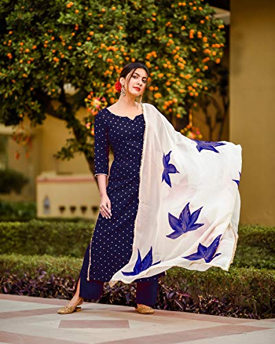 Image of ANNI DESIGNER Women's Rayon Straight Raspberry Handpainted Kurta with Palazzos & Dupatta (Rayon STY)