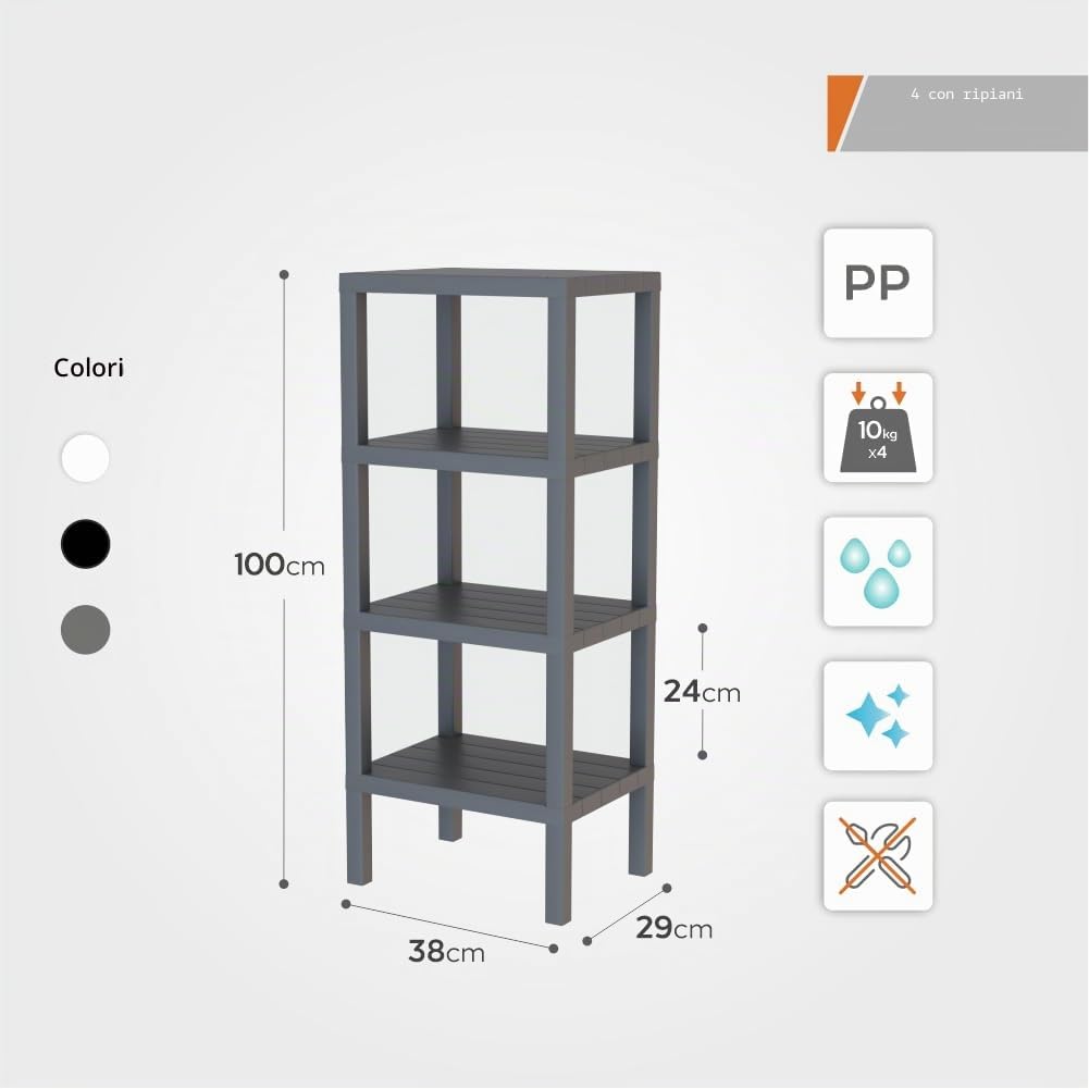 sugodesign Ombeg Scaffale a 4 ripiani, bianco/grigio/nero, in plastica, rettangolare, autoportante, moderno, multiuso, per bagno, cucina, soggiorno (nero)