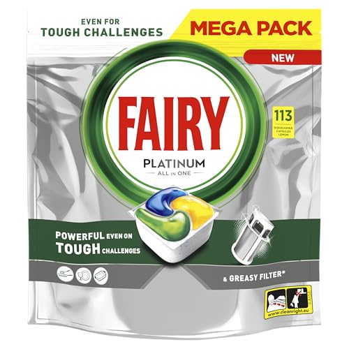 Fairy Platinum Zitrone GeschirrspĂĽlerkapseln All in One, 113 Tabletten, fĂĽr schwierige Verschmutzungen, reinigen sogar fettige Filter