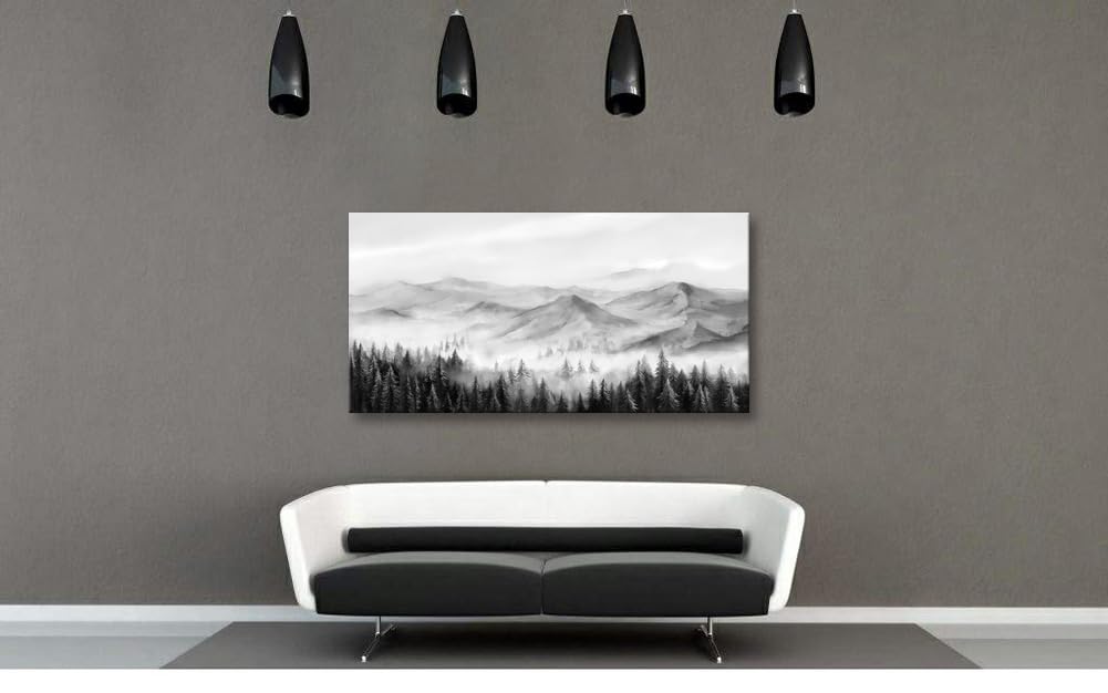 Amazon.co.jp: 霧の森 キャンバスウォールアート 白黒風景画 霧の山