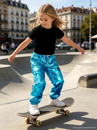 Image of SANGTREE Girls Shiny Hip Hop Outfits,Crop Top Cargo Joggers,4T‑14Y