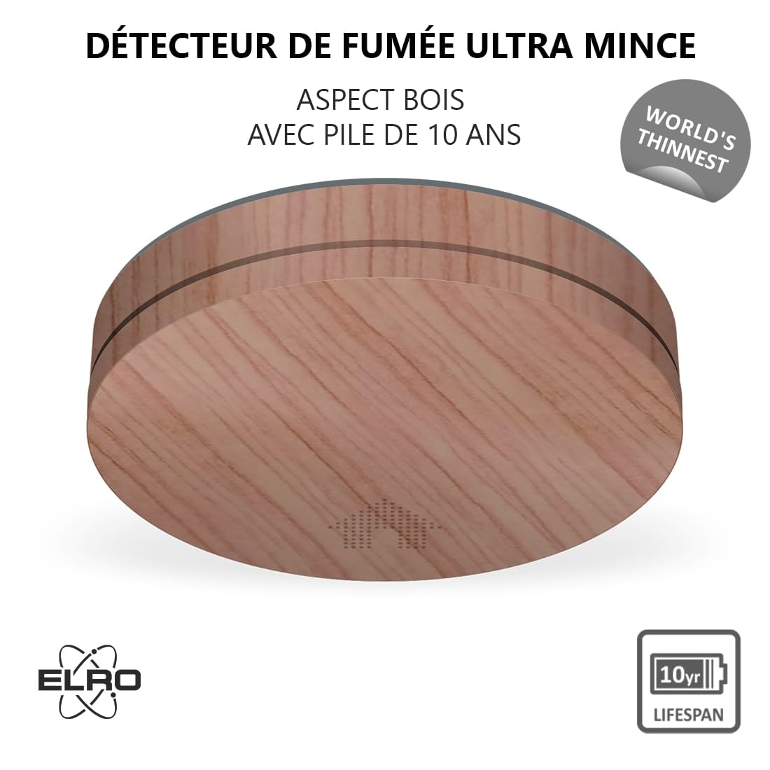 Détecteur de fumée ELRO FS4610H | Le Détecteur de Fumée Le Plus Fin du Monde | Aspect Bois | Batterie 10 Ans | Conforme à la Norme européenne EN14604 | Blanc | 1 pièce